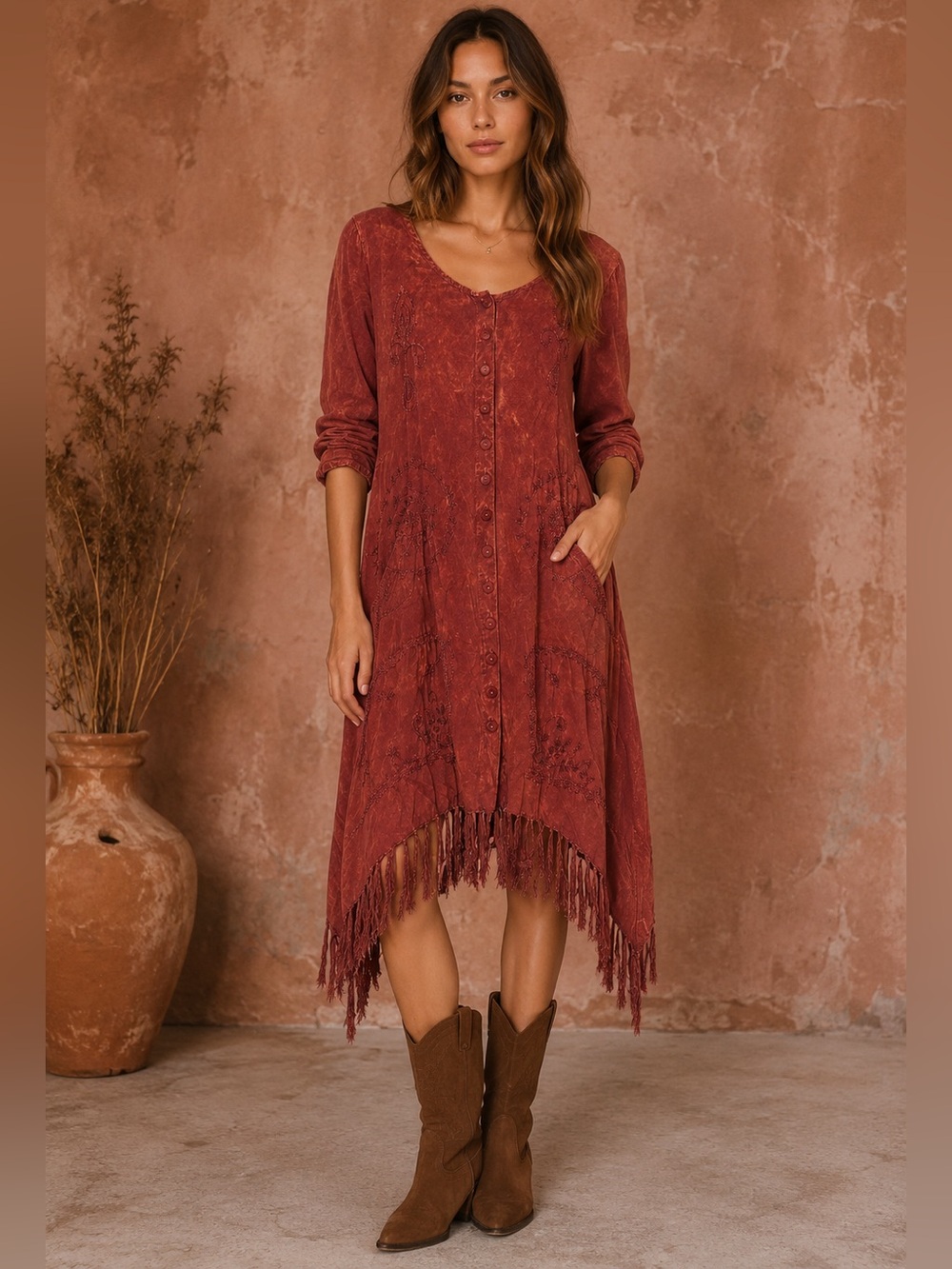 Vintage 90s Acid Wash Embroidered Fringe Tunic Dress Boho Festival Hippie M/L